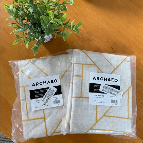 Pair of Archaeo Geometric Linen Blend Sheer Curtains Gold Embroidery - NEW - Picture 2 of 9
